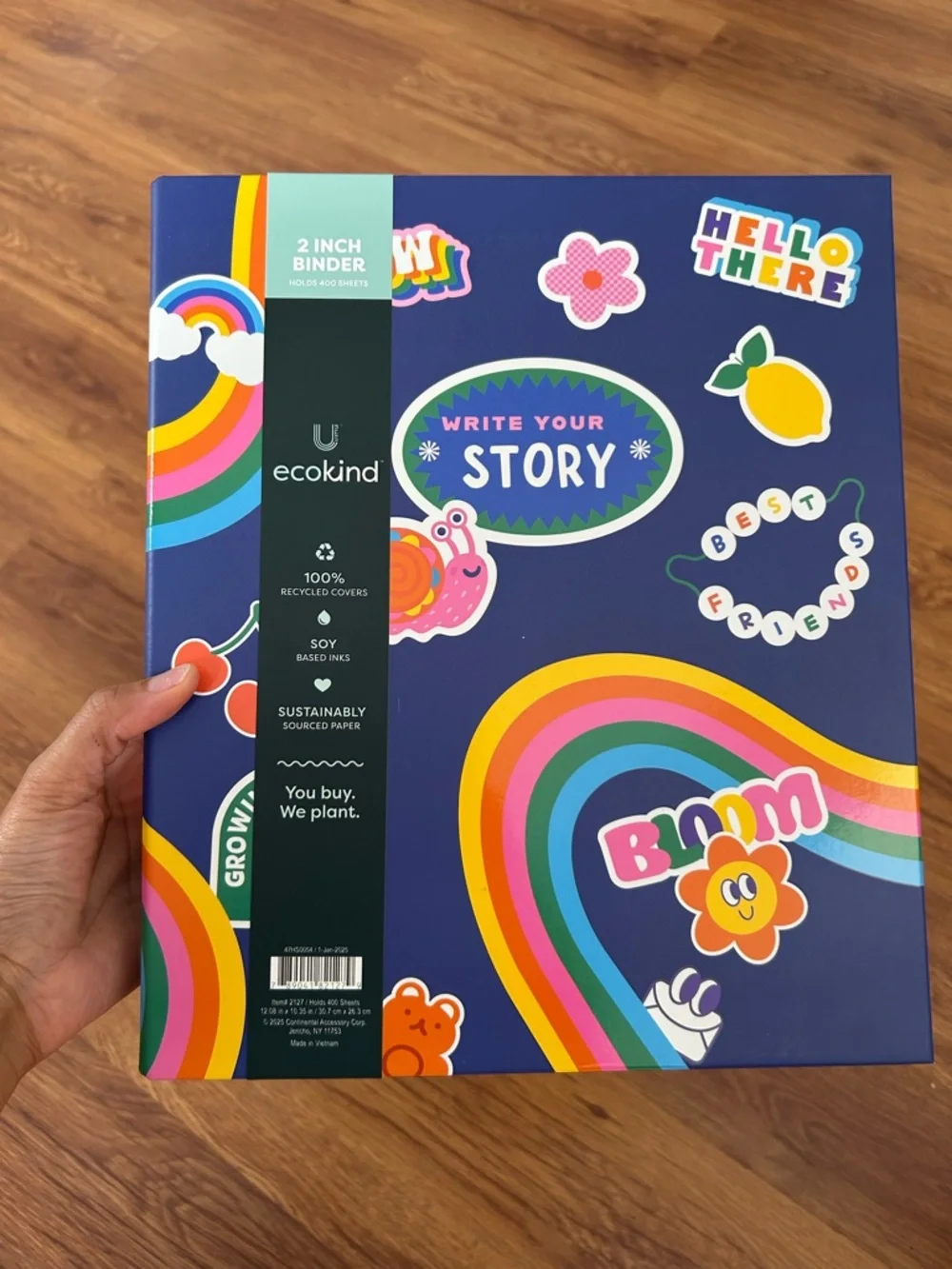 ecokind 2-Inch Navy Binder with Rainbow Stickers - 
